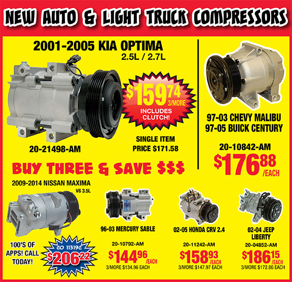 New auto and light truck compressors. Many makes and models covered. Buy three and save money.